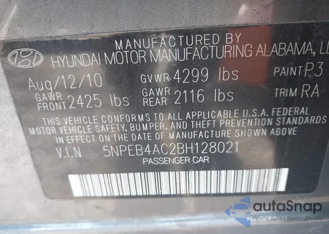 2011 Hyundai Sonata Gls z USA, uszkodzony, nr VIN 5NPEB4AC2BH128021